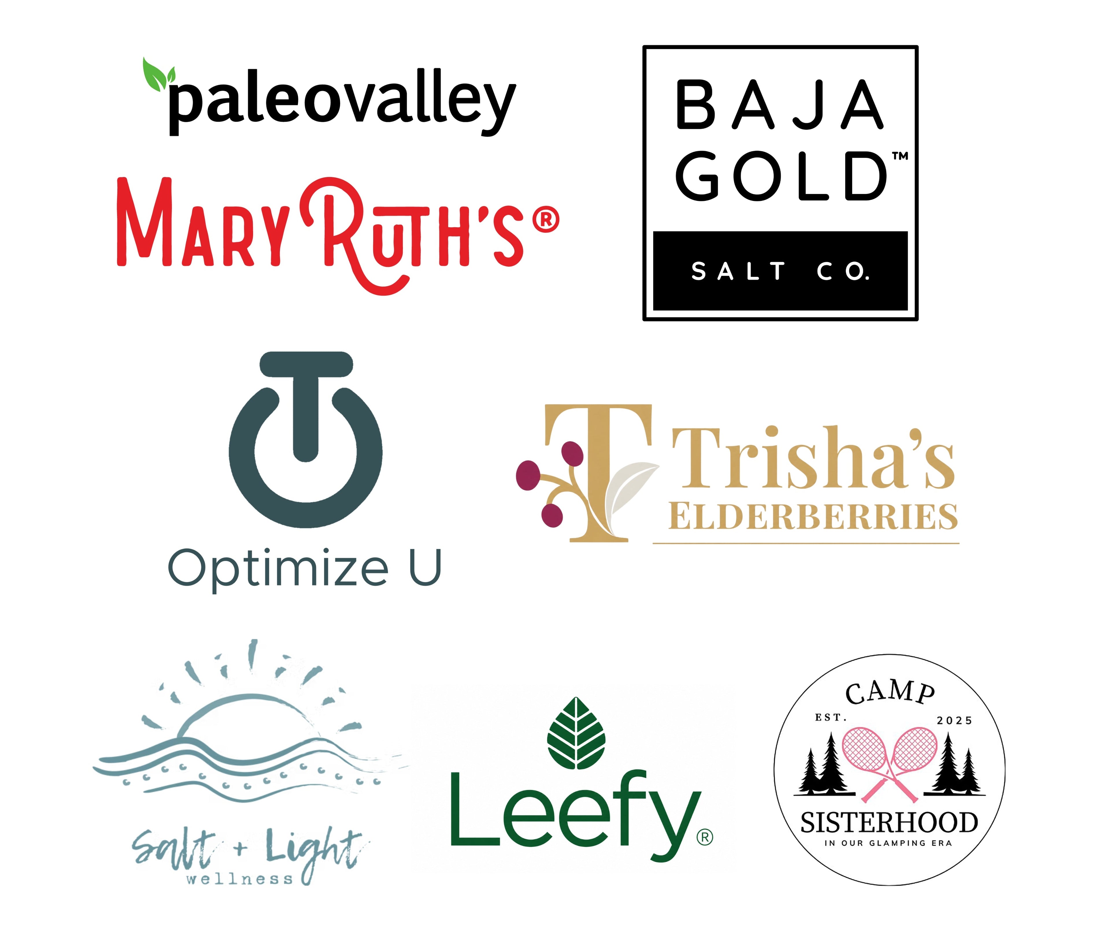An image of our current vendors including paleovalley, Mary Ruth's, BAJA GOLD SALT CO., Optimize U, Trisha's Elderberries, Salt + Light wellness, Leefy, and Camp Sisterhood. These vendors are going to set up at the cultivate self care conference in  May 2027