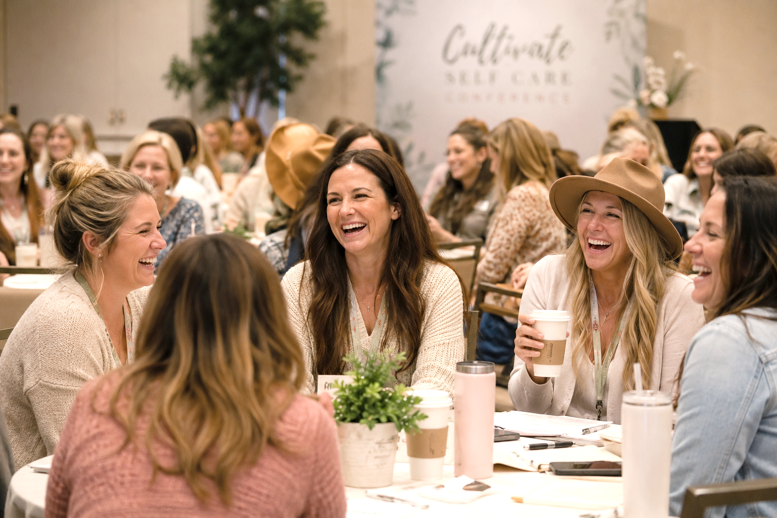 Group of women laughing and engaging in conversation at The Cultivate Self car conference which is an integrative holistic health conference.