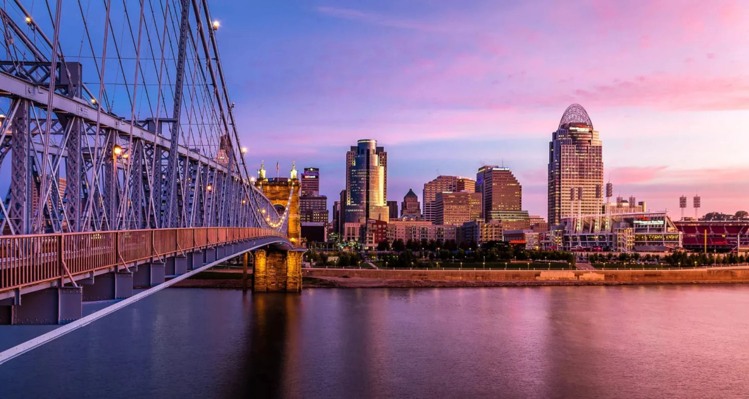 Cincinnati, Ohio City skyline with a bridge over the Ohio river. This is the location of the cultivate self care conference 2027